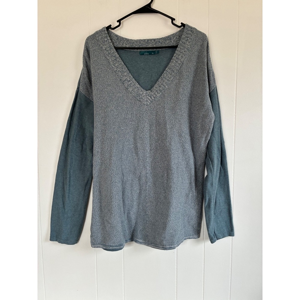prAna Women XL Blue Organic Cotton‎ V-Neck Mixed Texture Relaxed Knit Sweater